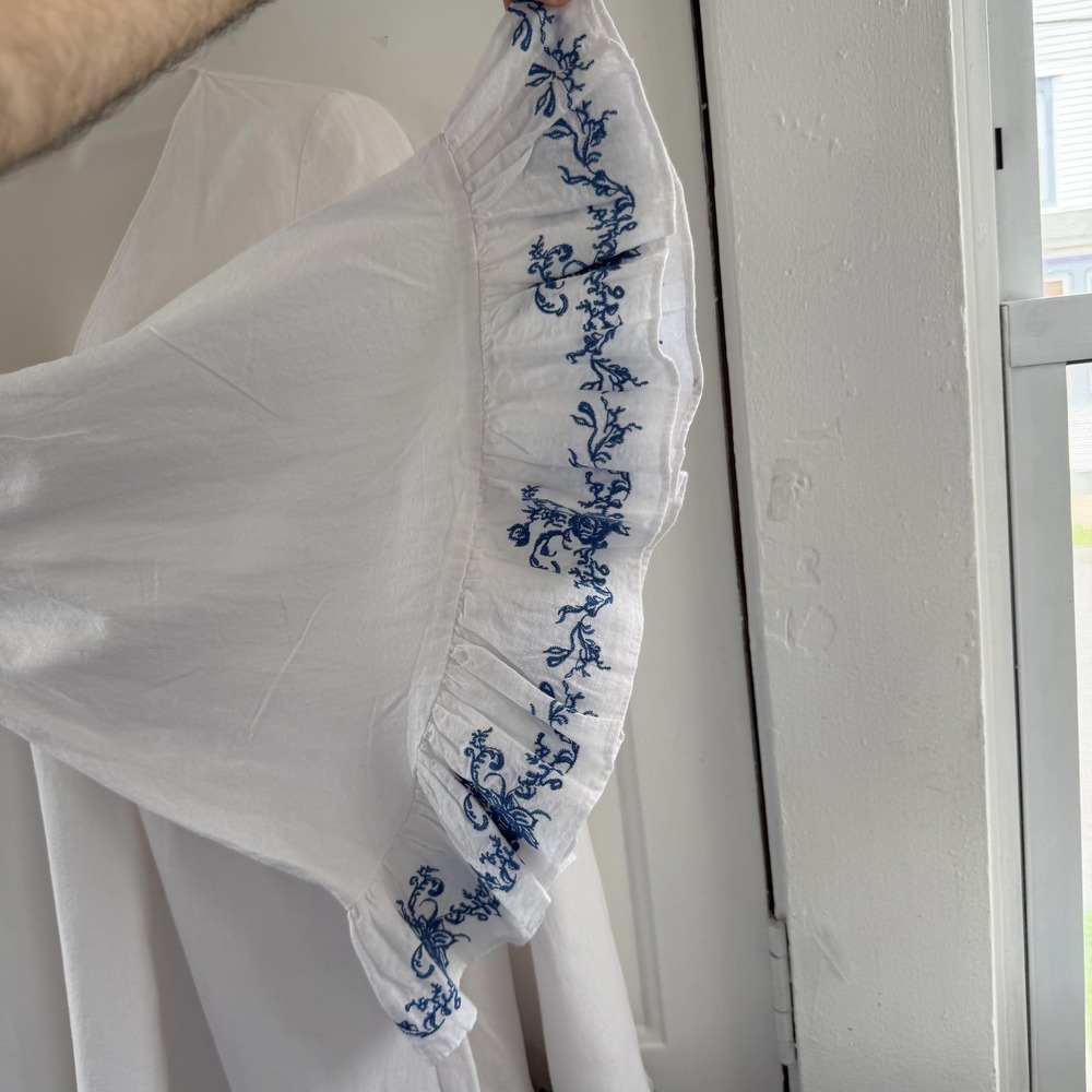 Caroline Constas Brynn Cover Up Womens XS White Blue Embroidered Ruffle Hem - Picture 8 of 16
